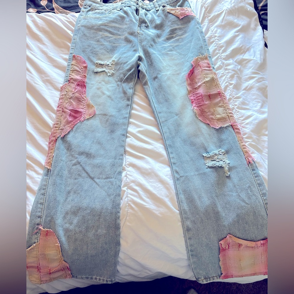 Wide legged with plaid patches